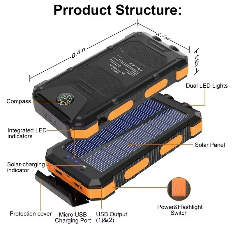 200000Mah Portable Solar Power Bank Suitable Xiaomi Iphone Samsung Outdoor Charger Power Bank Dual USB Charging with LED Light